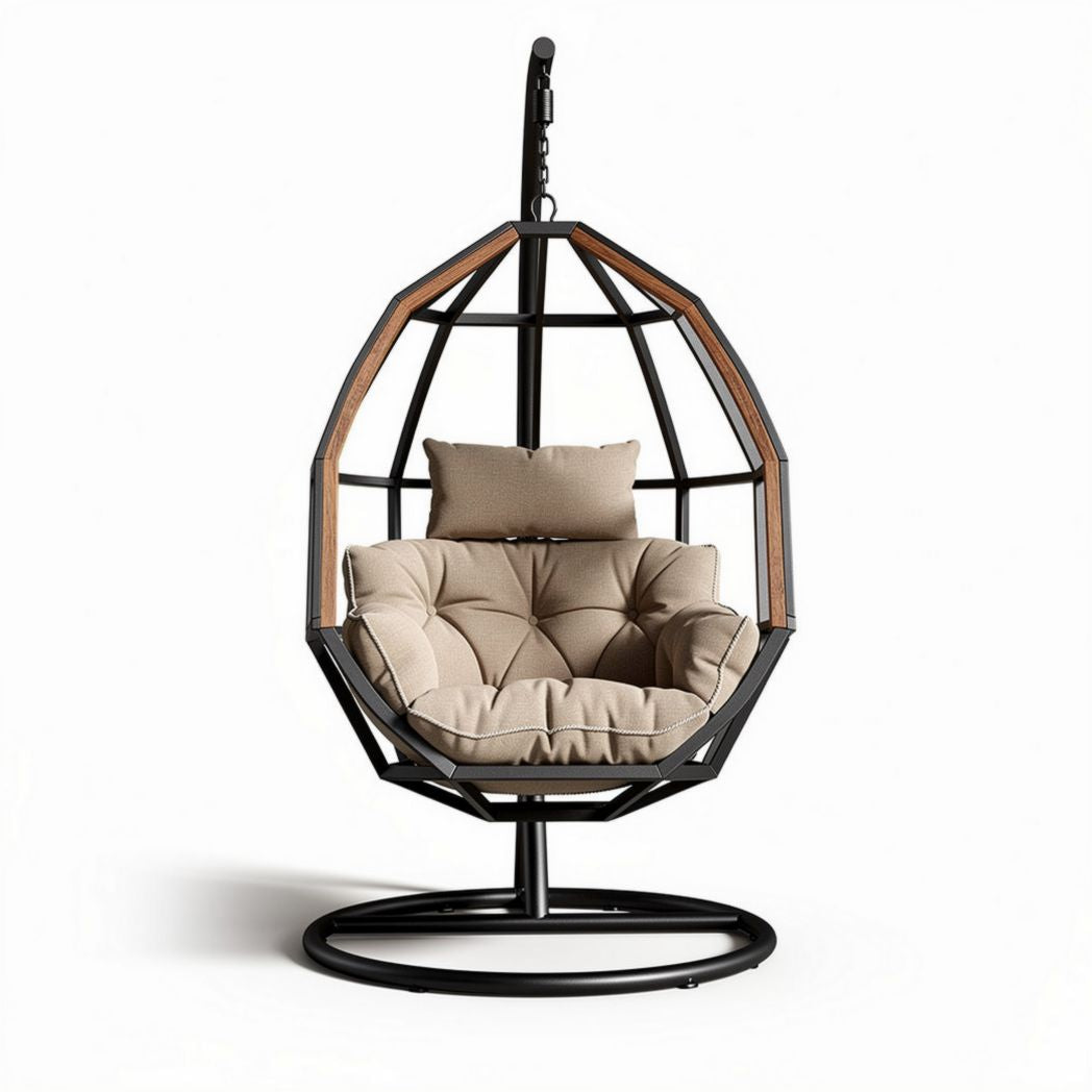 Hangstoel met metalen frame en kussen van stof in beige kleur 80 x 80 x 120cm