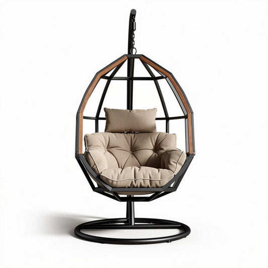 Hangstoel met metalen frame en kussen van stof in beige kleur 80 x 80 x 120cm