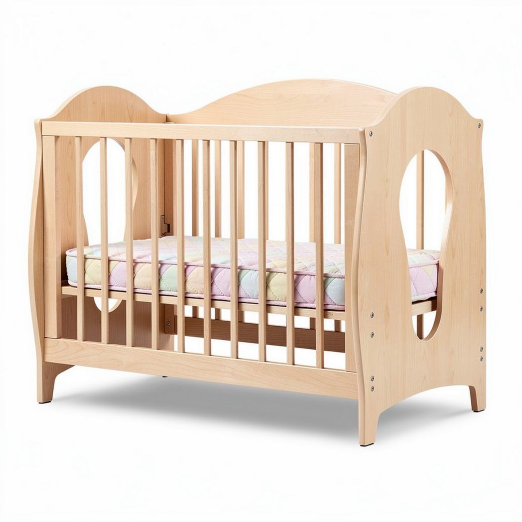 Houten wieg met spijlen en matras 130 x 70 x 90cm natuurlak