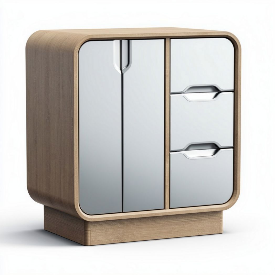 Opbergrek van hout met spiegeldeuren en drie lades 60 x 40 x 80cm