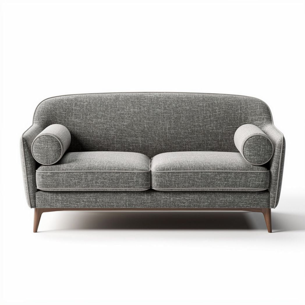 Grijze bank met afgeronde rugleuning en houten poten 180 x 80 x 85cm