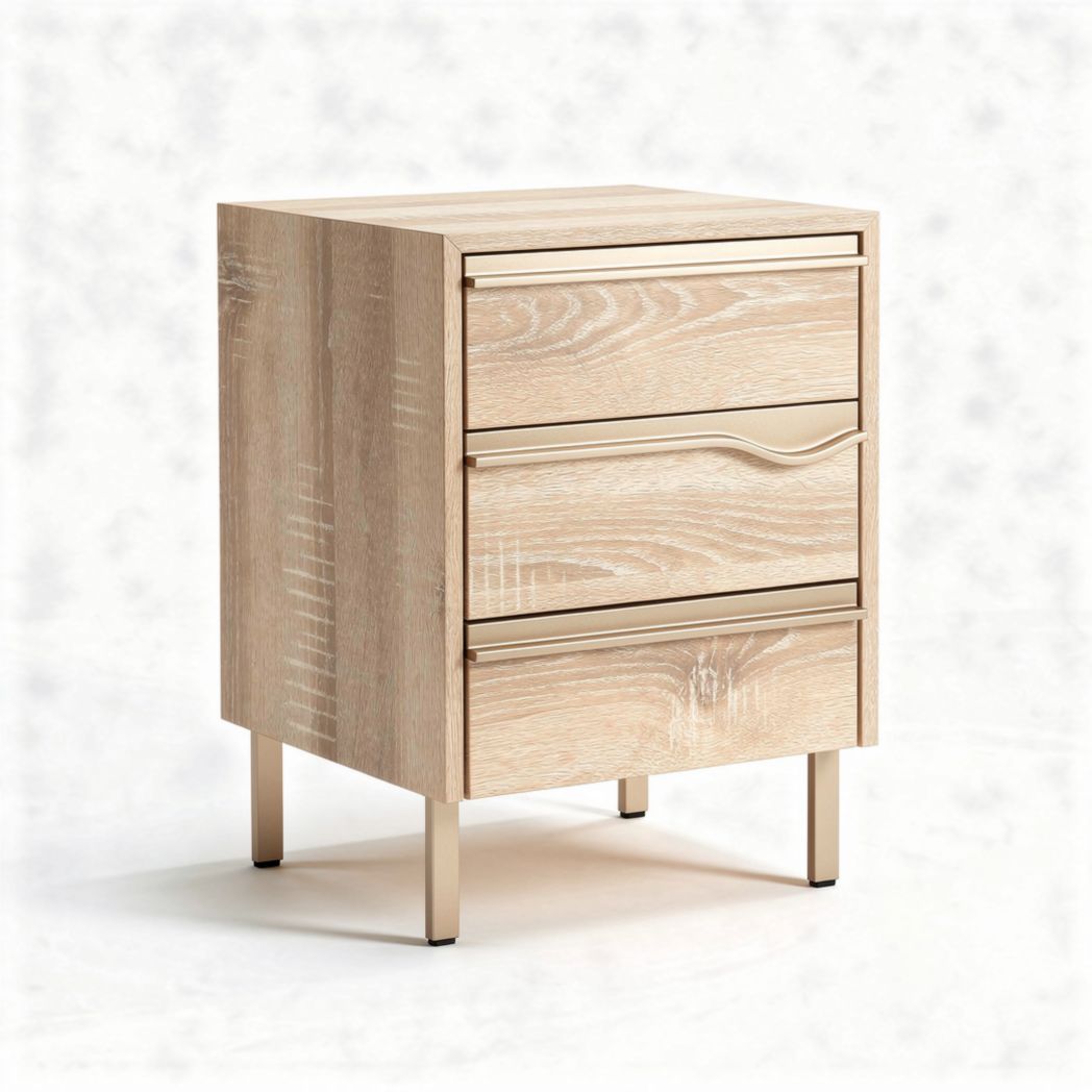houten nachtkastje met drie lades en metalen poten 40 x 40 x 60cm