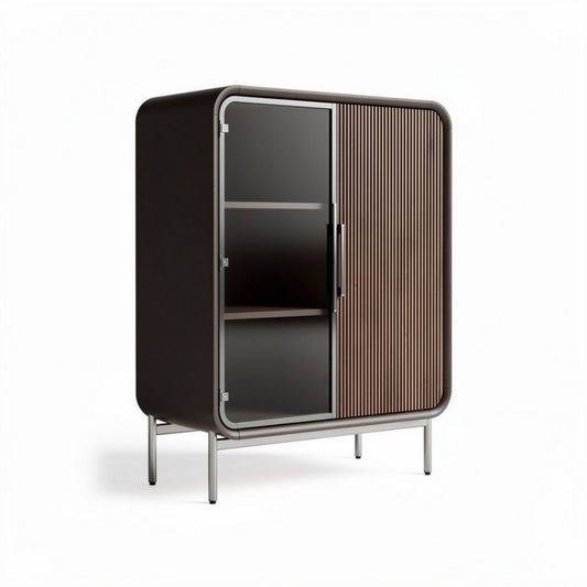 Vitrinekast van hout met glazen deur en metalen poten 80 x 40 x 120cm