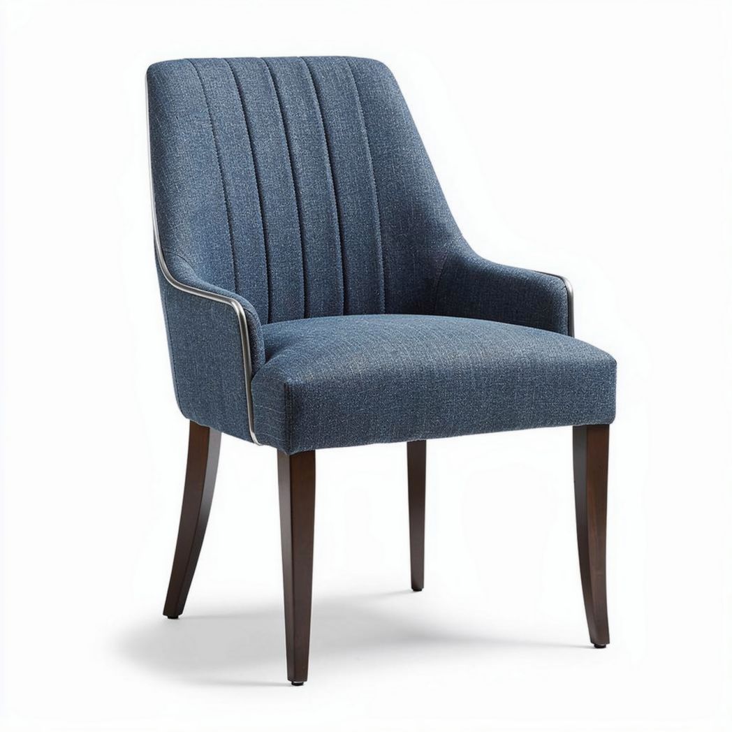 Stoel met gestreepte rugleuning in blauw stof en houten poten 50 x 55 x 85cm